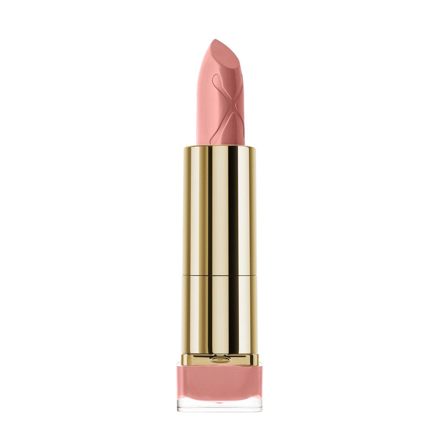 A pink lipstick with a gold casing and a clear base, featuring an embossed design on the lipstick itself.
