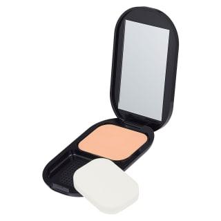 A compact makeup case with a mirror, containing a peach-colored powder and a white applicator sponge.